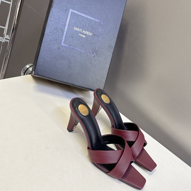YSL 25S JILL MULES 75MM IN MAHOGANY RED SMOOTH CALFSKIN