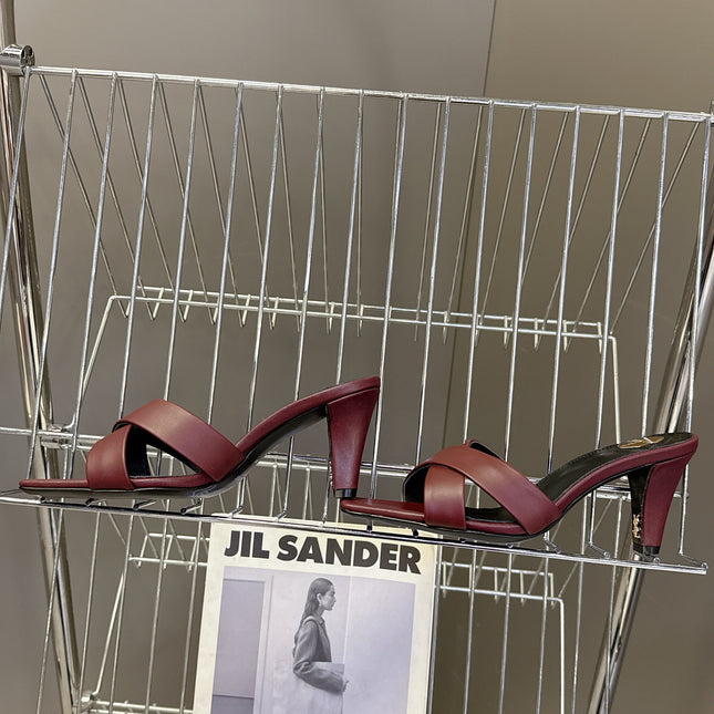 YSL 25S JILL MULES 75MM IN MAHOGANY RED SMOOTH CALFSKIN