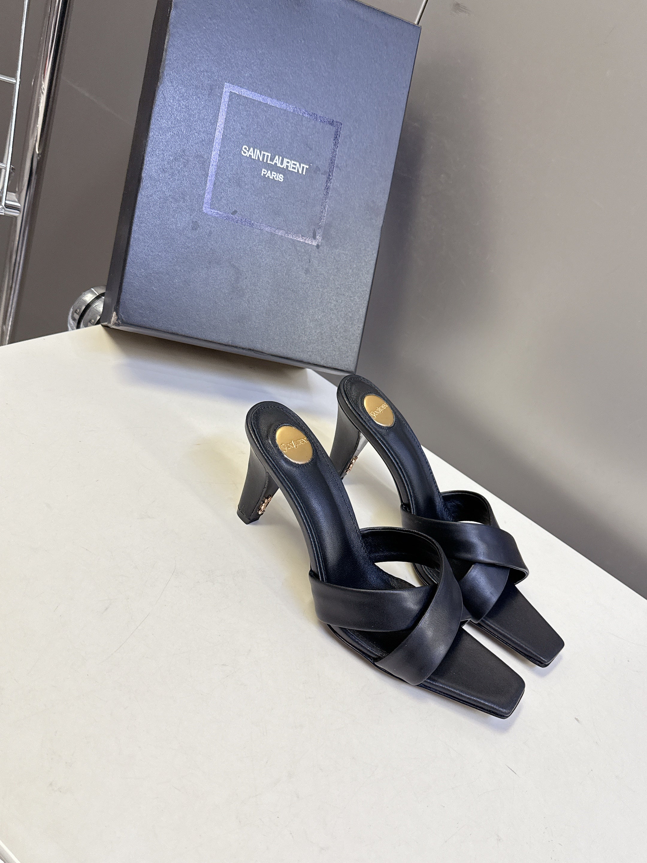 YSL 25S JILL MULES 75MM IN BLACK SMOOTH CALFSKIN
