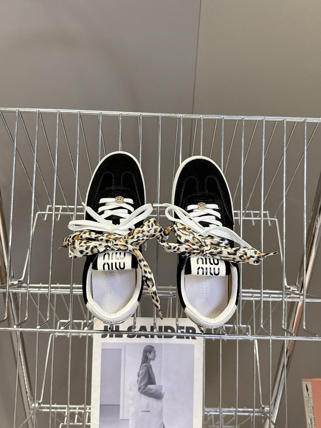 MIUMIU 25S SNEAKERS IN BLACK SUEDE WITH LEOPARD-PRINT LACES