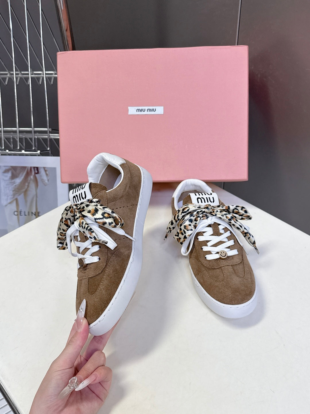 MIUMIU 25S SNEAKERS IN EARTH BROWN SUEDE WITH LEOPARD-PRINT LACES