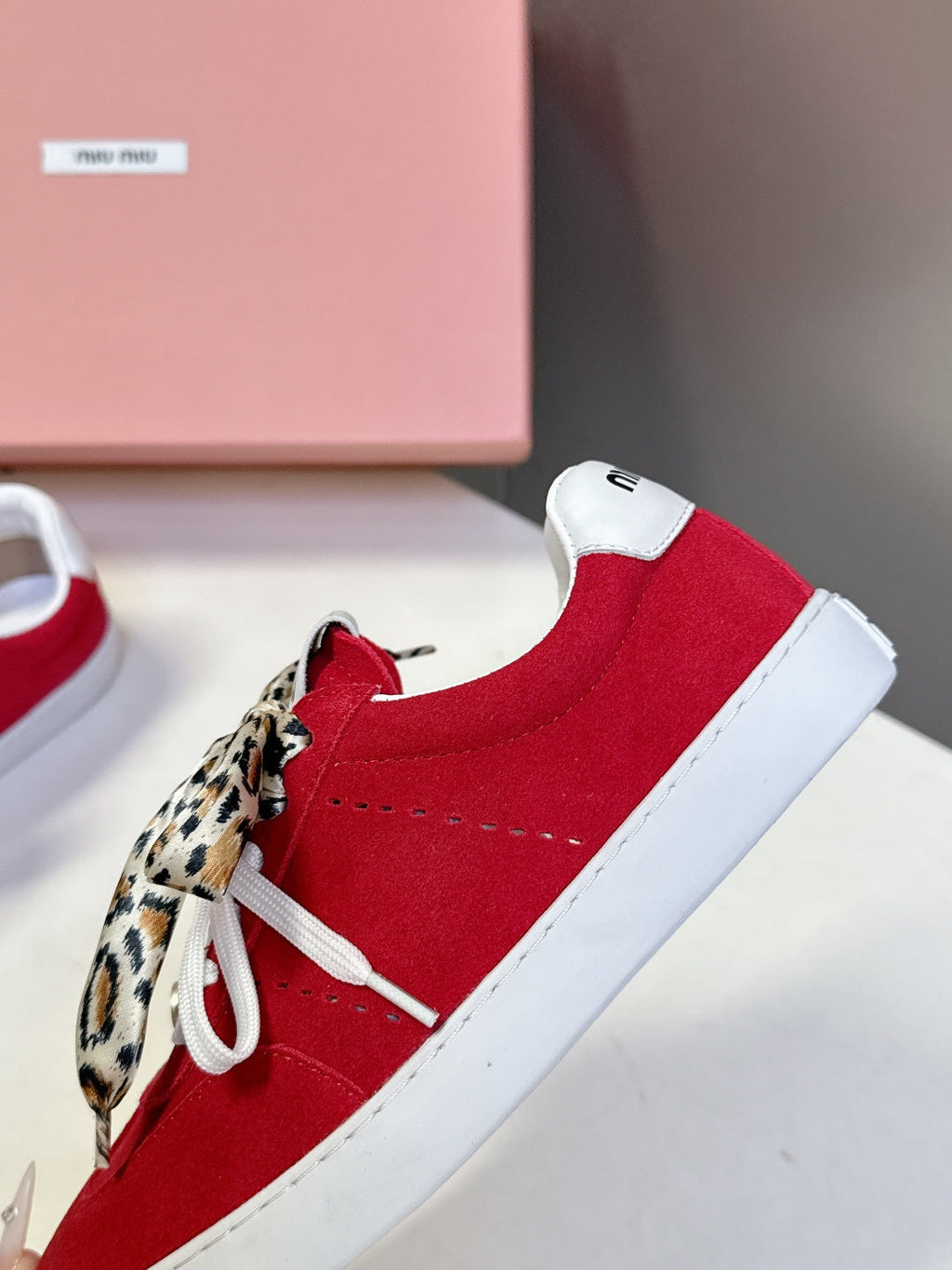 MIUMIU 25S SNEAKERS IN DARK RED SUEDE WITH LEOPARD-PRINT LACES