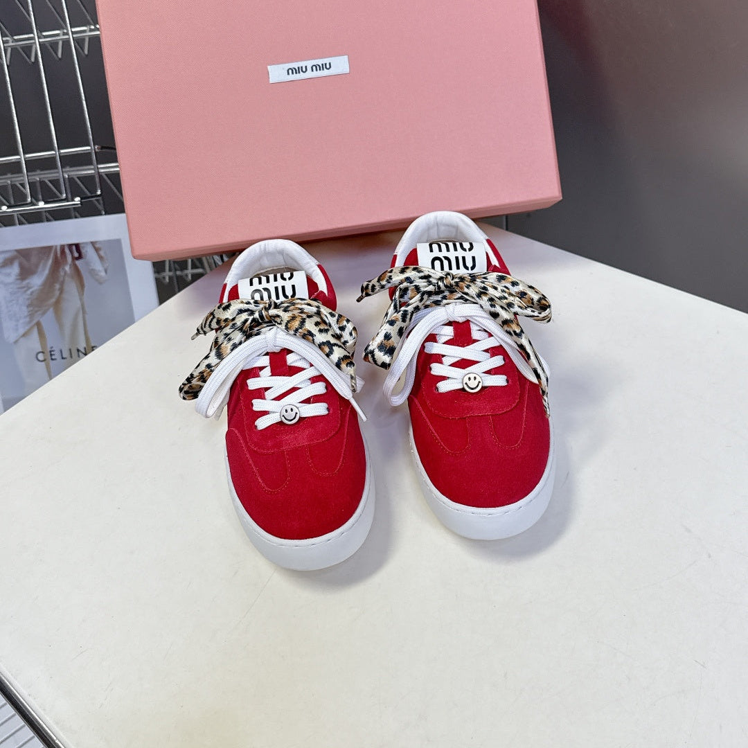 MIUMIU 25S SNEAKERS IN DARK RED SUEDE WITH LEOPARD-PRINT LACES