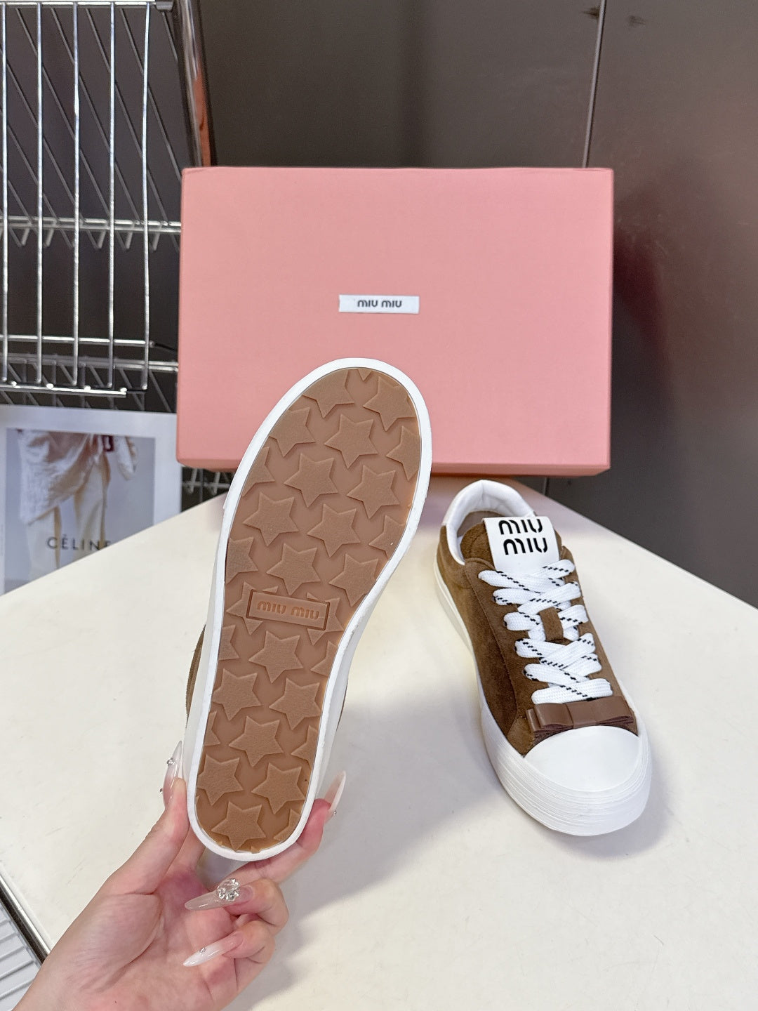 MIUMIU 25S SNEAKERS IN EARTH BROWN SUEDE
