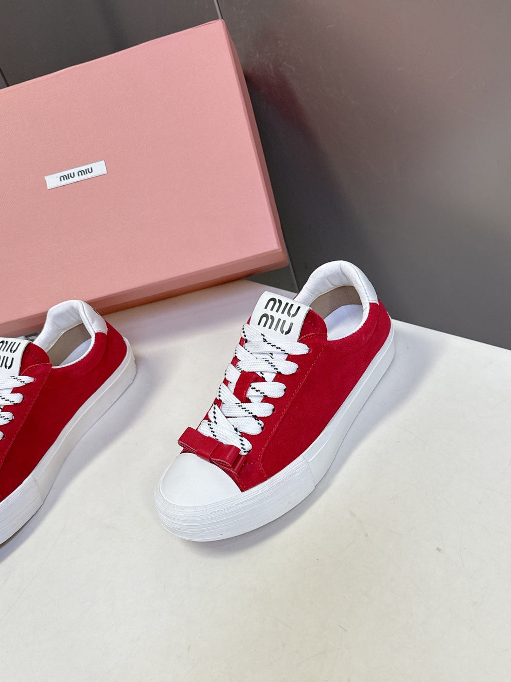 MIUMIU 25S SNEAKERS IN DARK RED SUEDE