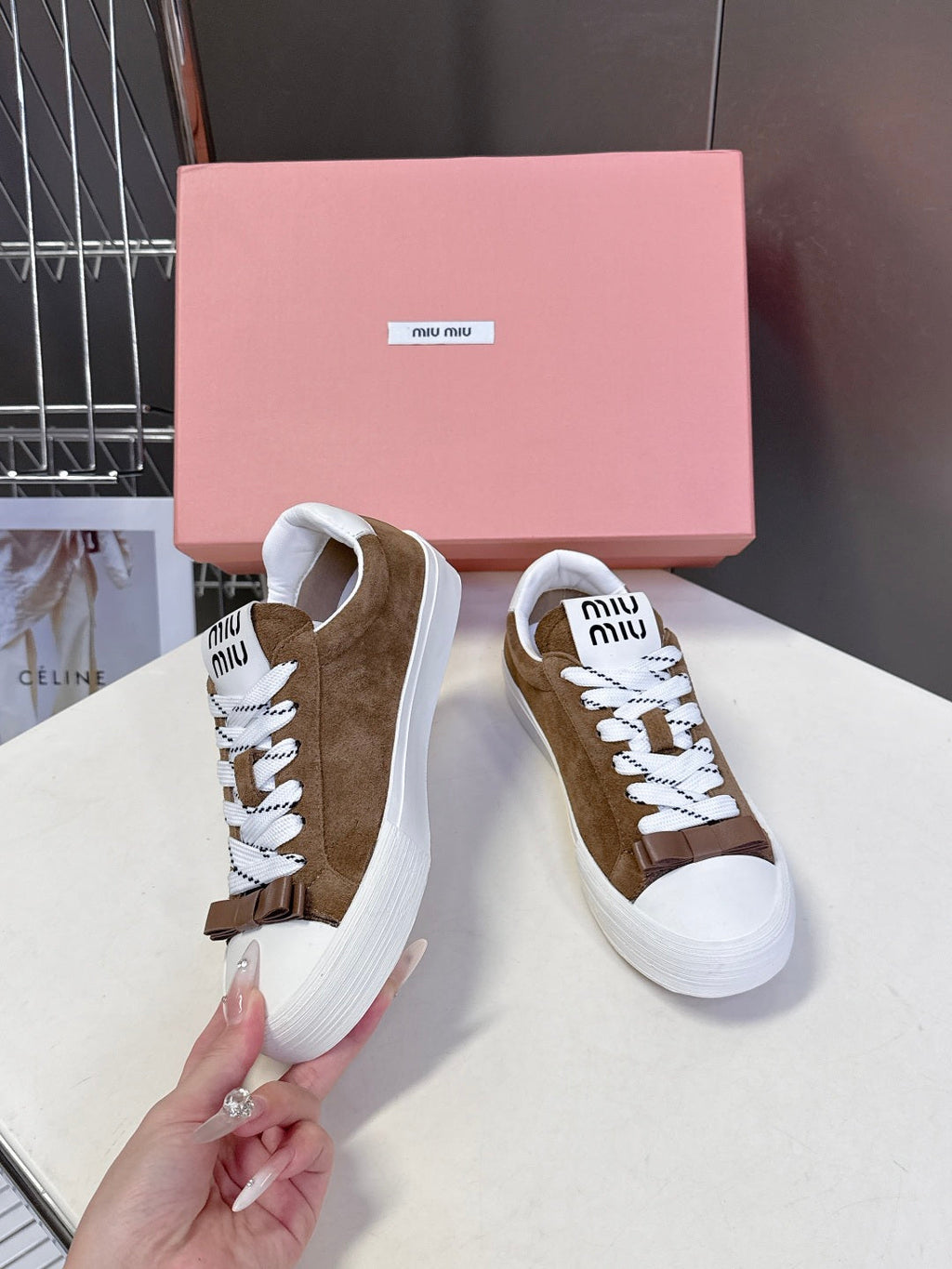 MIUMIU 25S SNEAKERS IN EARTH BROWN SUEDE
