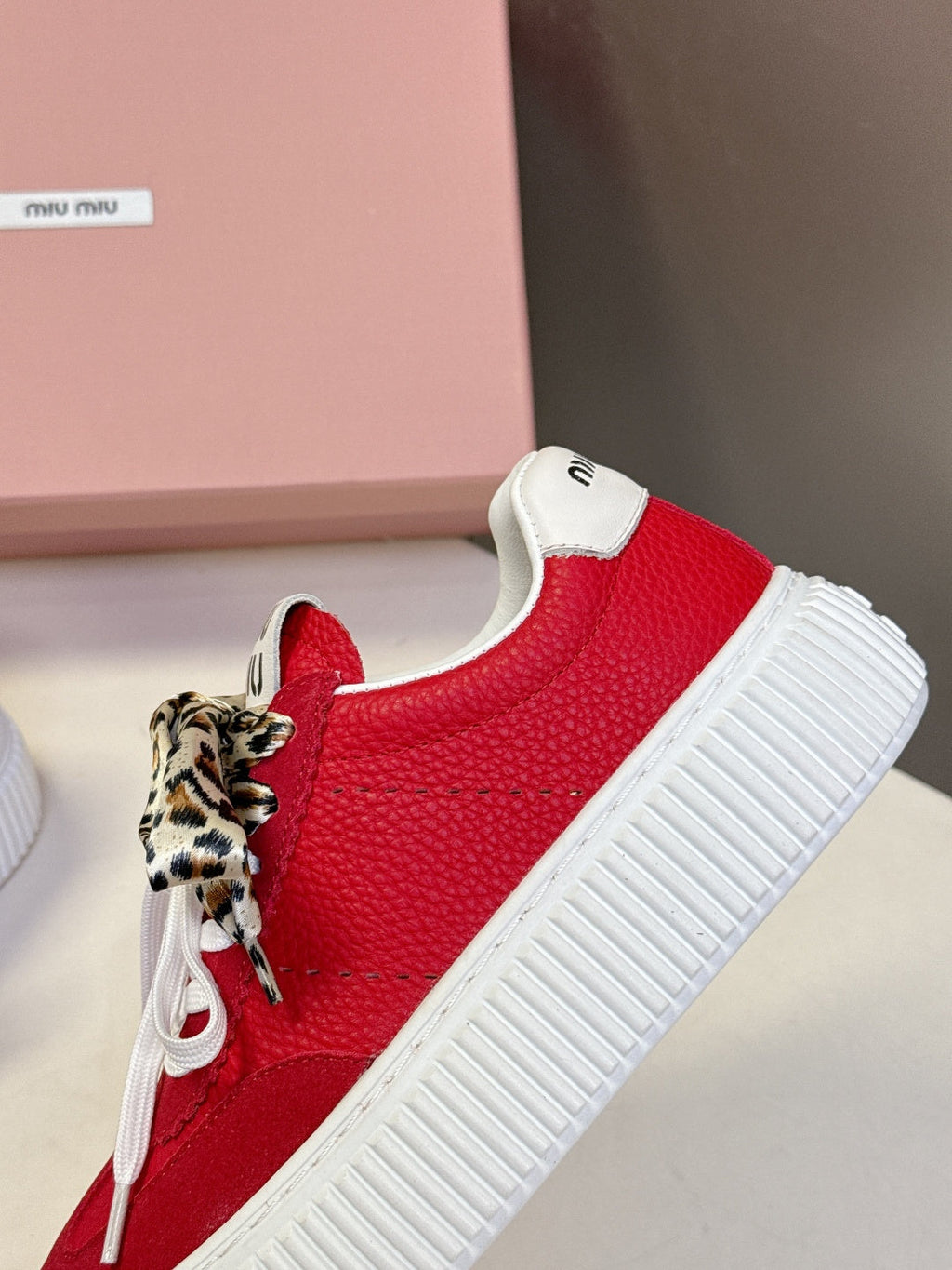MIUMIU 25S SNEAKERS 45MM IN DARK RED SUEDE WITH LEOPARD-PRINT LACES