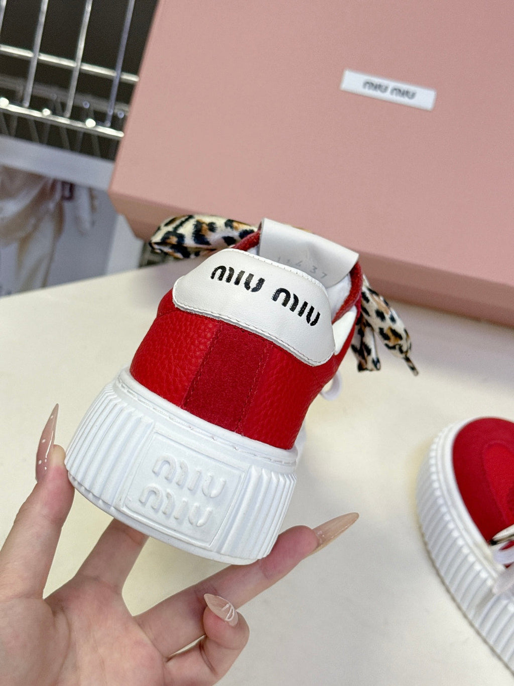 MIUMIU 25S SNEAKERS 45MM IN DARK RED SUEDE WITH LEOPARD-PRINT LACES