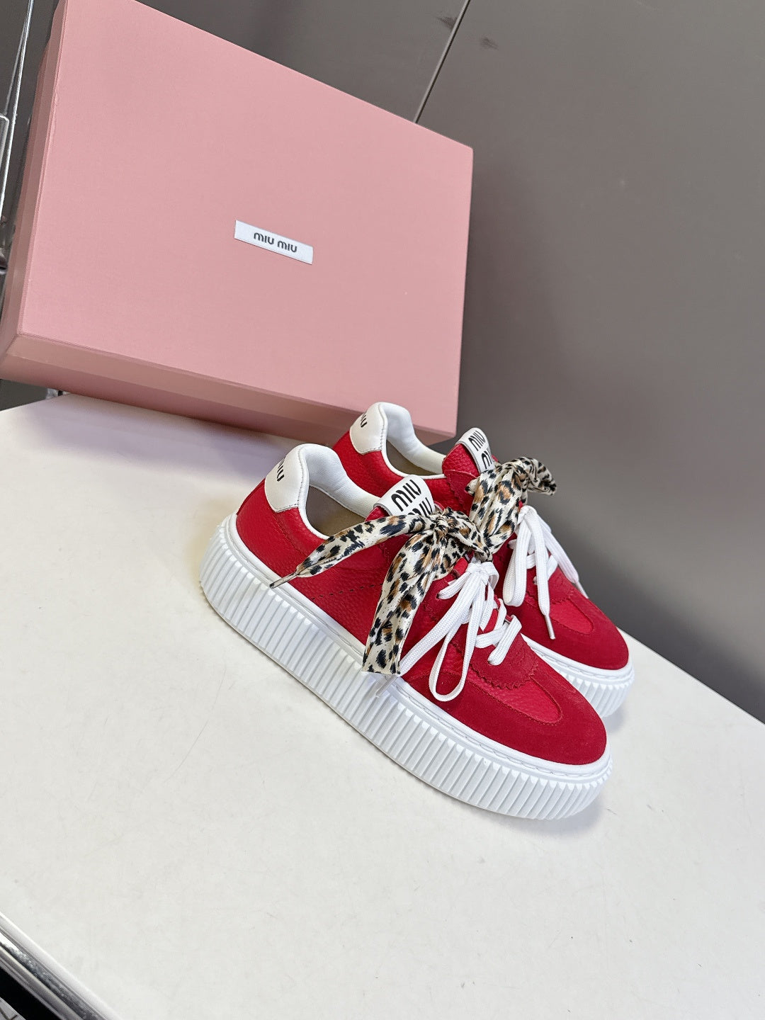 MIUMIU 25S SNEAKERS 45MM IN DARK RED SUEDE WITH LEOPARD-PRINT LACES