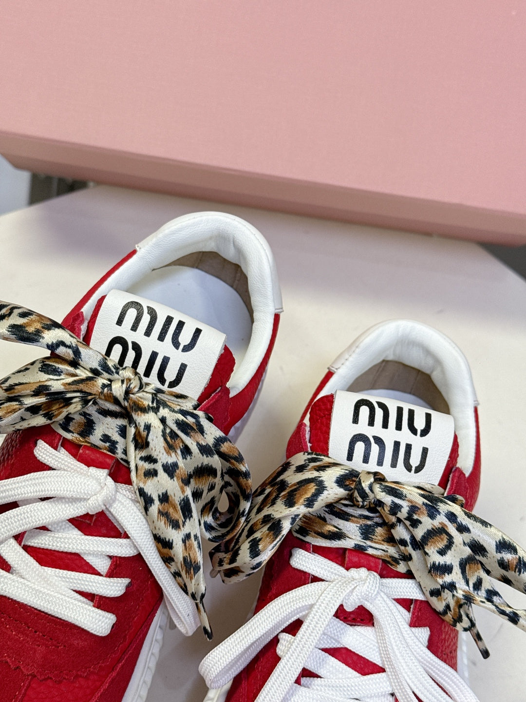 MIUMIU 25S SNEAKERS 45MM IN DARK RED SUEDE WITH LEOPARD-PRINT LACES