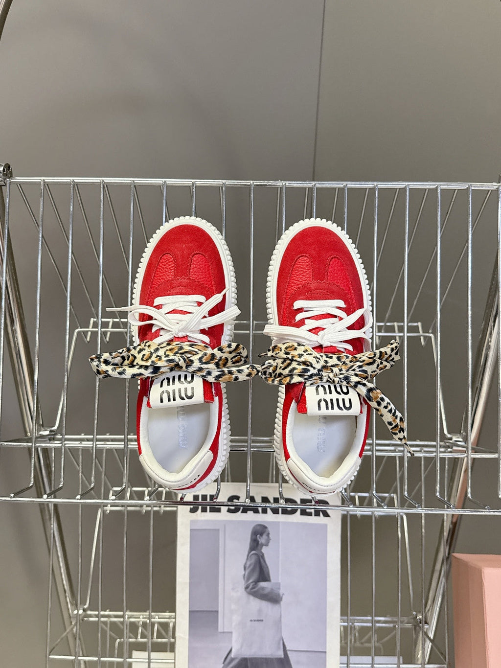 MIUMIU 25S SNEAKERS 45MM IN DARK RED SUEDE WITH LEOPARD-PRINT LACES