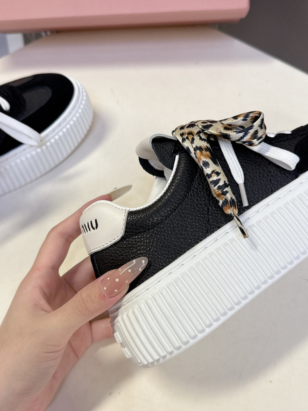 MIUMIU 25S SNEAKERS 45MM IN BLACK SUEDE WITH LEOPARD-PRINT LACES