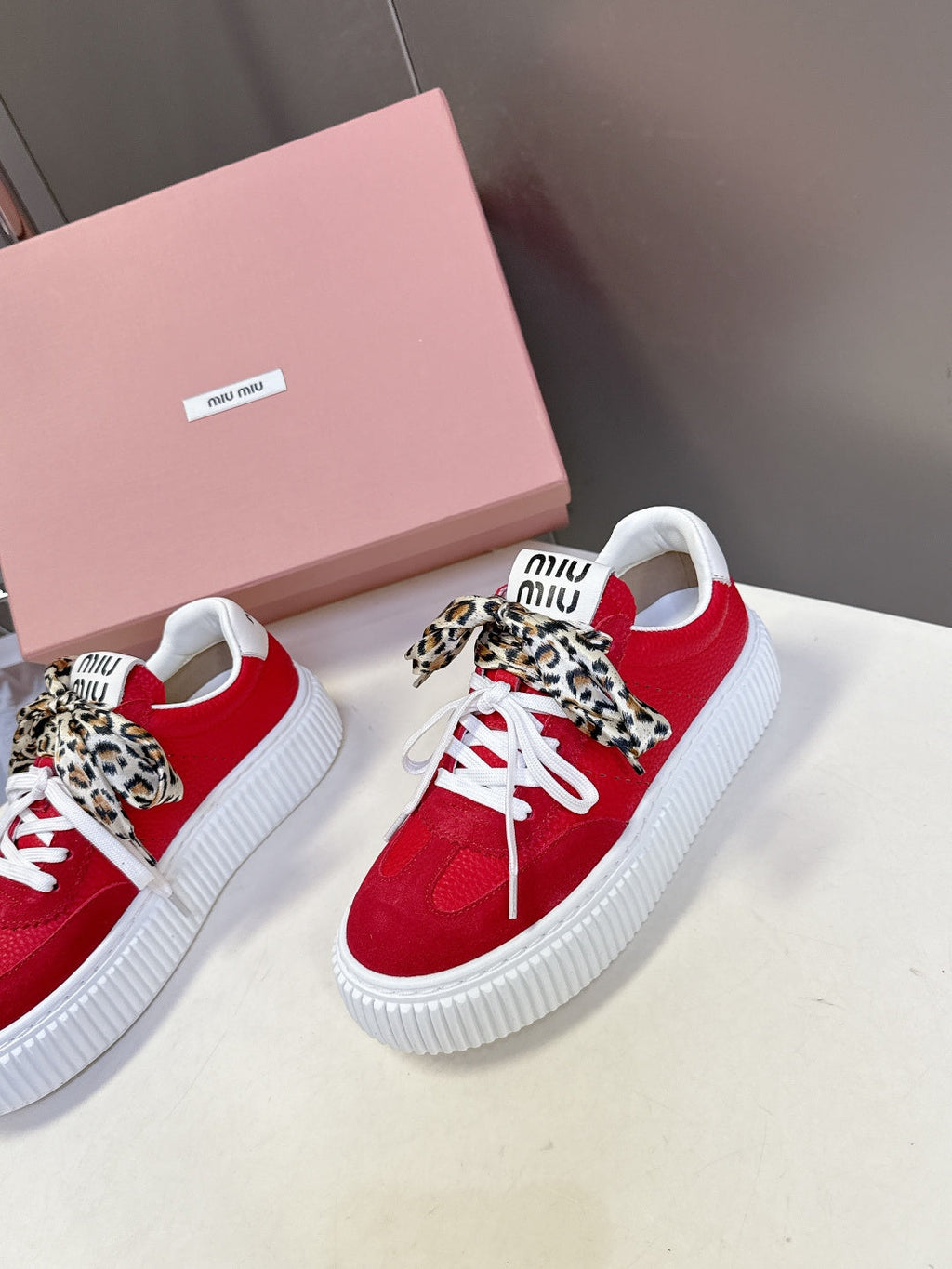 MIUMIU 25S SNEAKERS 45MM IN DARK RED SUEDE WITH LEOPARD-PRINT LACES