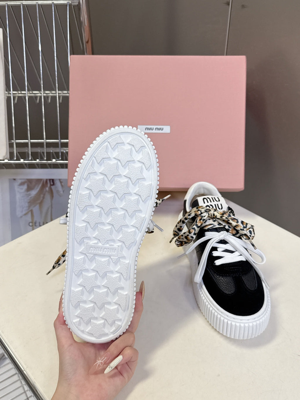 MIUMIU 25S SNEAKERS 45MM IN BLACK SUEDE WITH LEOPARD-PRINT LACES