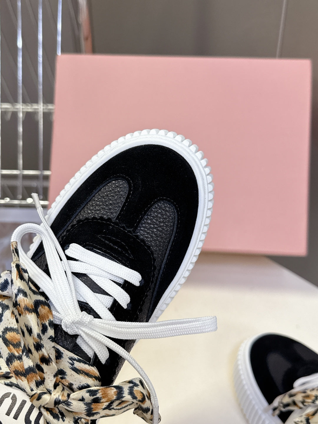 MIUMIU 25S SNEAKERS 45MM IN BLACK SUEDE WITH LEOPARD-PRINT LACES