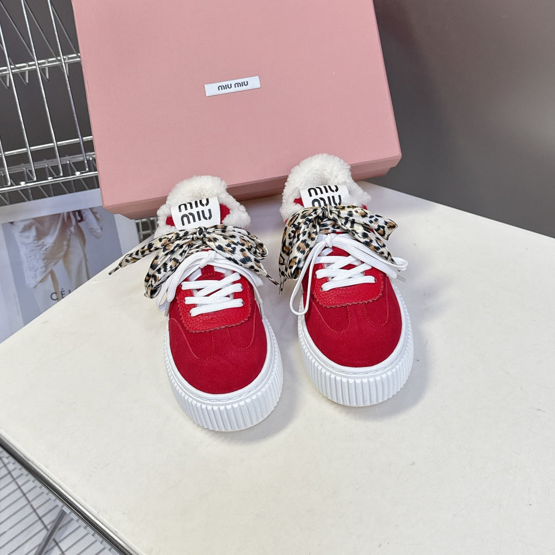 MIUMIU 25S SNEAKERS 45MM IN DARK RED SUEDE WITH LEOPARD-PRINT LACES SHEARLING