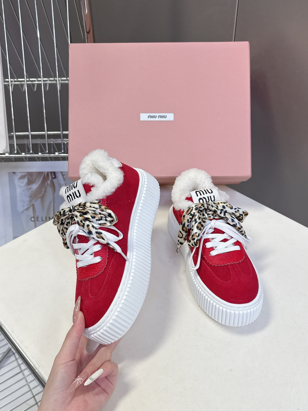 MIUMIU 25S SNEAKERS 45MM IN DARK RED SUEDE WITH LEOPARD-PRINT LACES SHEARLING