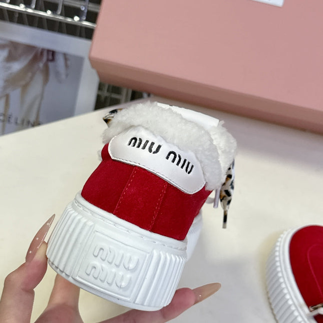 MIUMIU 25S SNEAKERS 45MM IN DARK RED SUEDE WITH LEOPARD-PRINT LACES SHEARLING