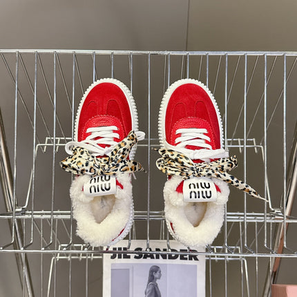 MIUMIU 25S SNEAKERS 45MM IN DARK RED SUEDE WITH LEOPARD-PRINT LACES SHEARLING