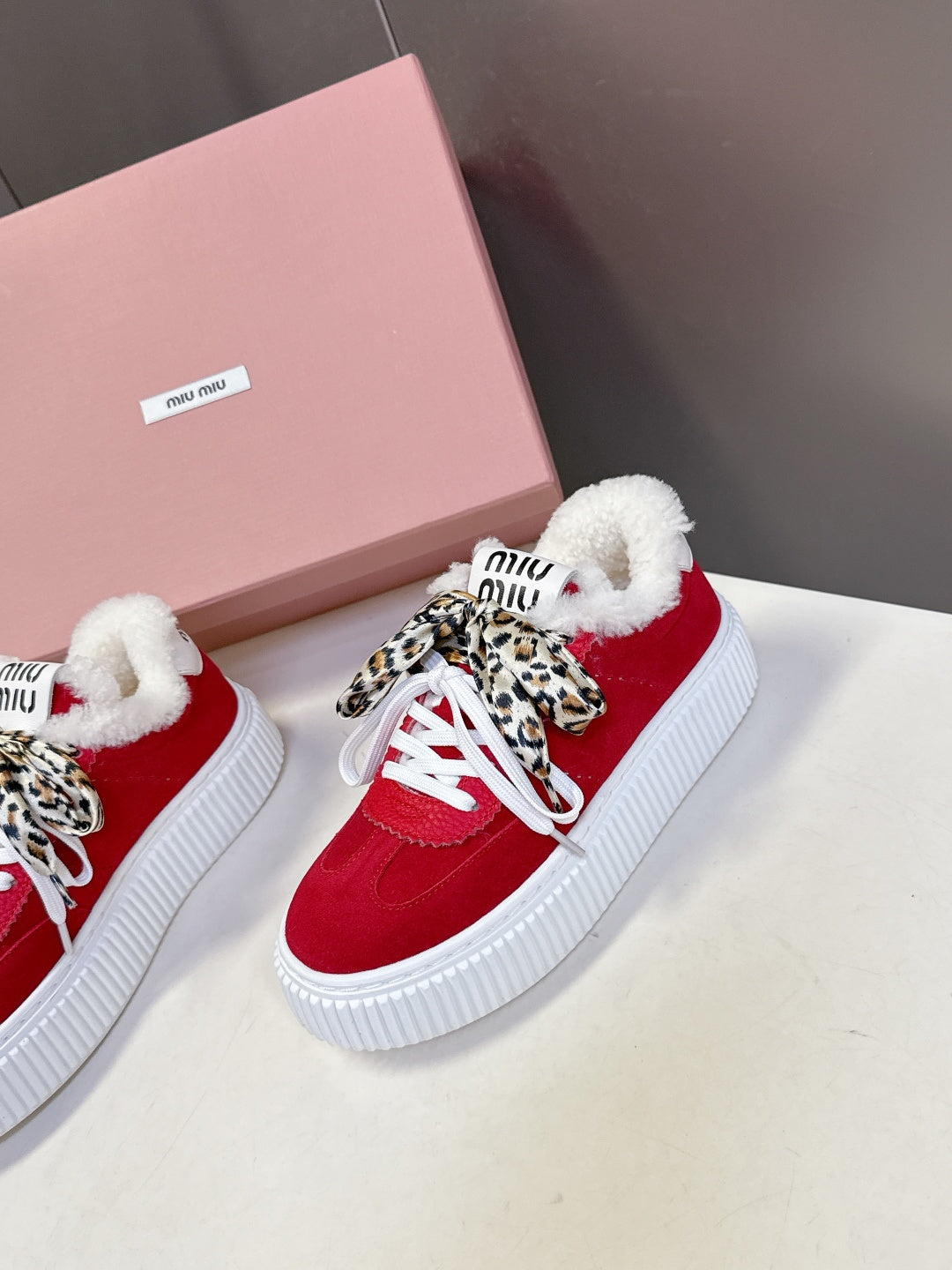MIUMIU 25S SNEAKERS 45MM IN DARK RED SUEDE WITH LEOPARD-PRINT LACES SHEARLING