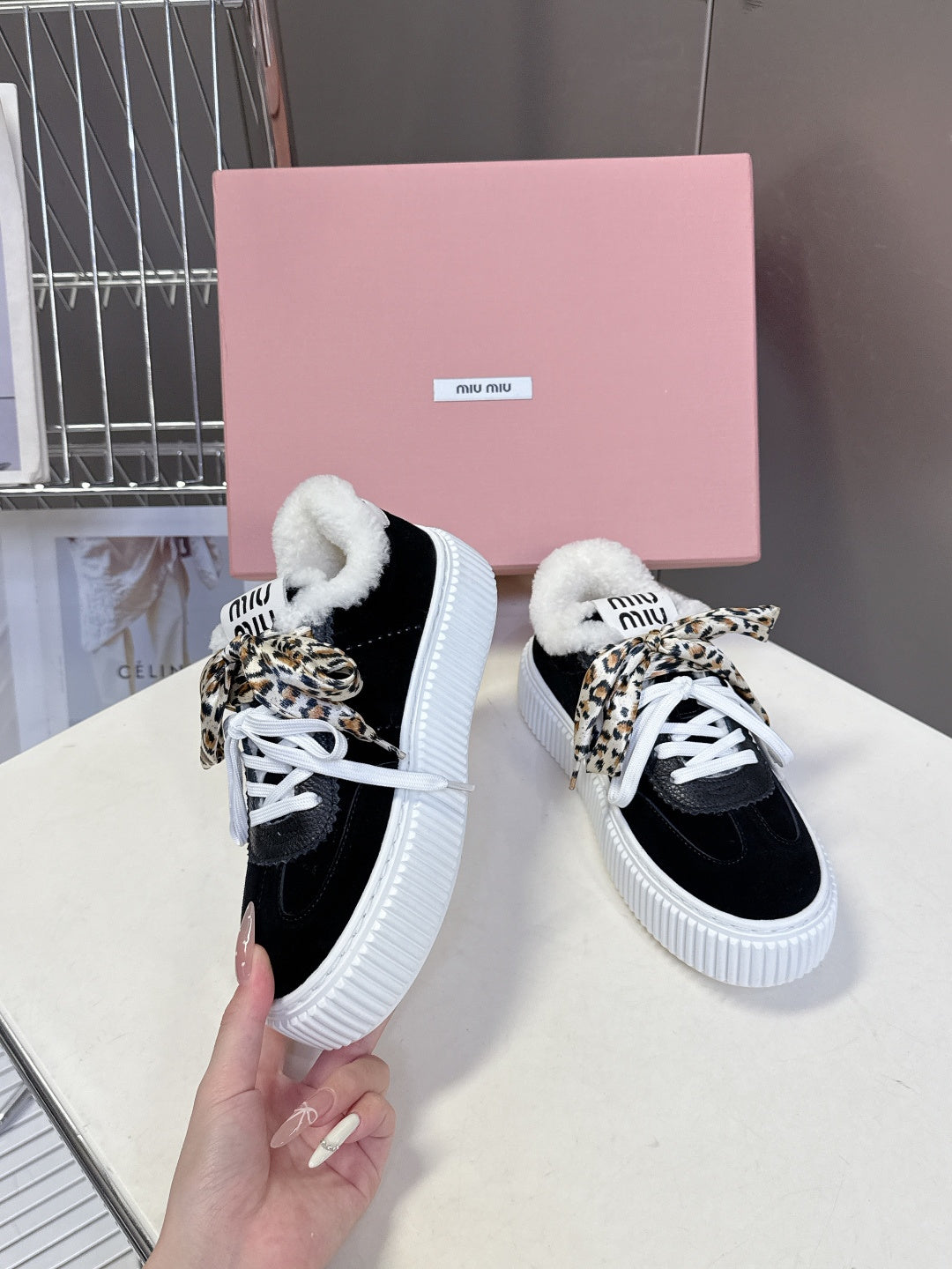 MIUMIU 25S SNEAKERS 45MM IN BLACK SUEDE WITH LEOPARD-PRINT LACES SHEARLING
