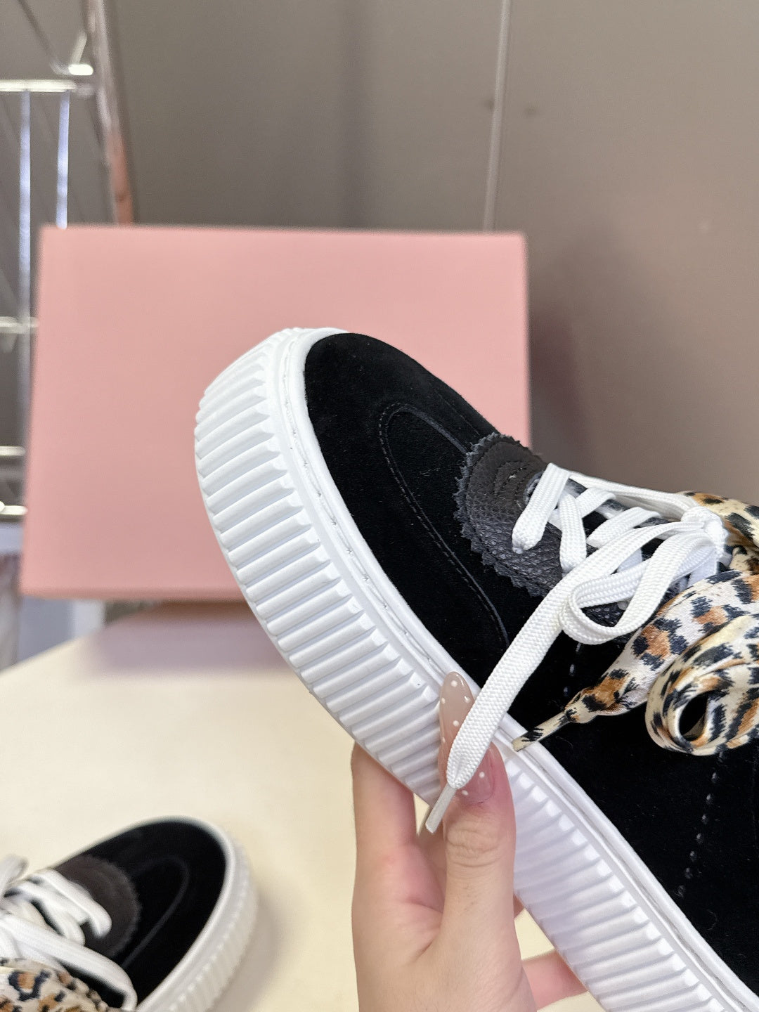 MIUMIU 25S SNEAKERS 45MM IN BLACK SUEDE WITH LEOPARD-PRINT LACES SHEARLING