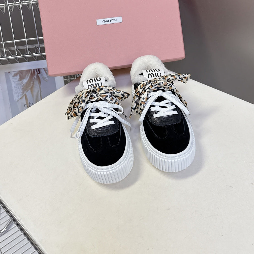MIUMIU 25S SNEAKERS 45MM IN BLACK SUEDE WITH LEOPARD-PRINT LACES SHEARLING