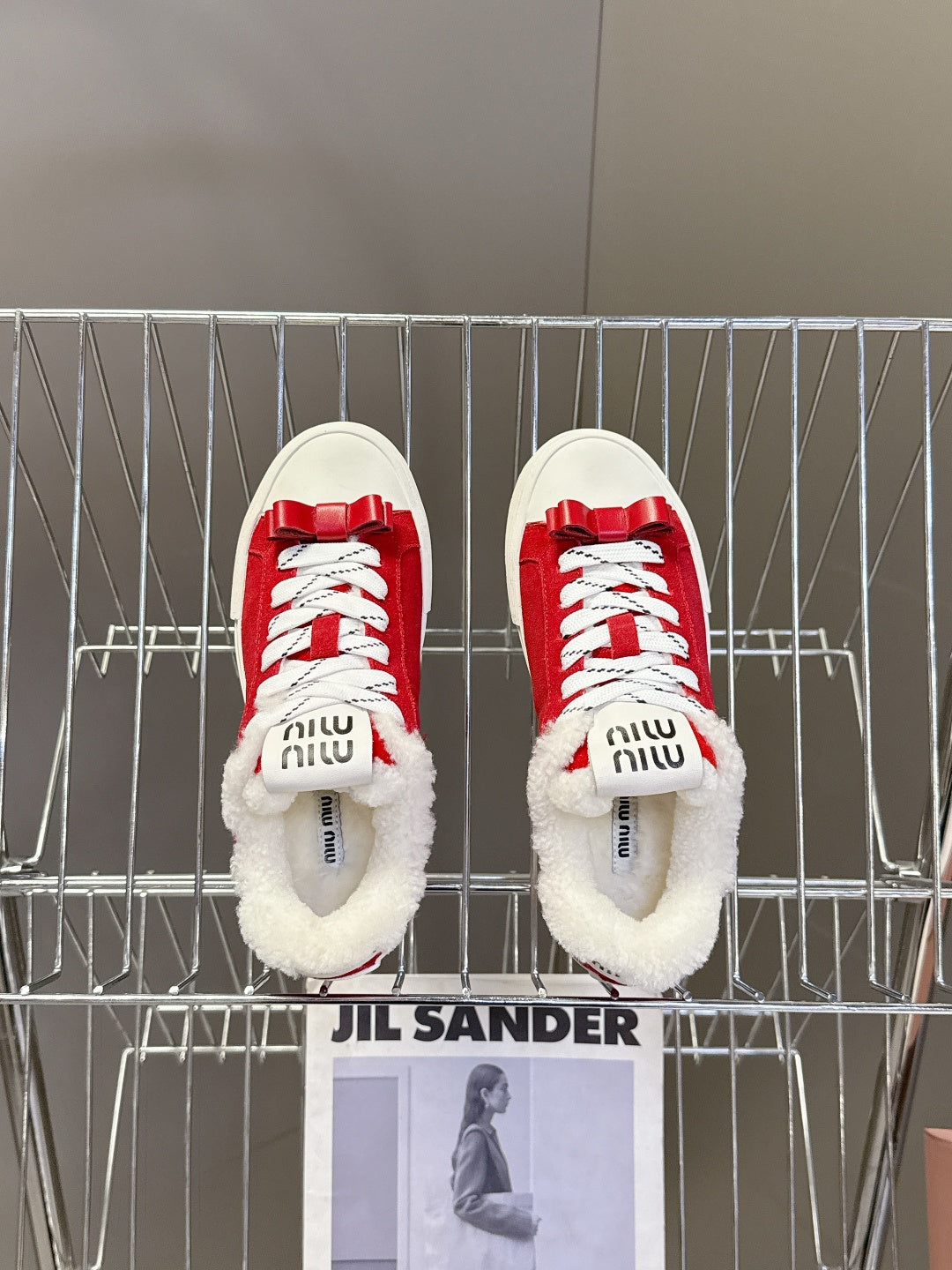 MIUMIU 25S SNEAKERS IN DARK RED SUEDE WITH SHEARLING