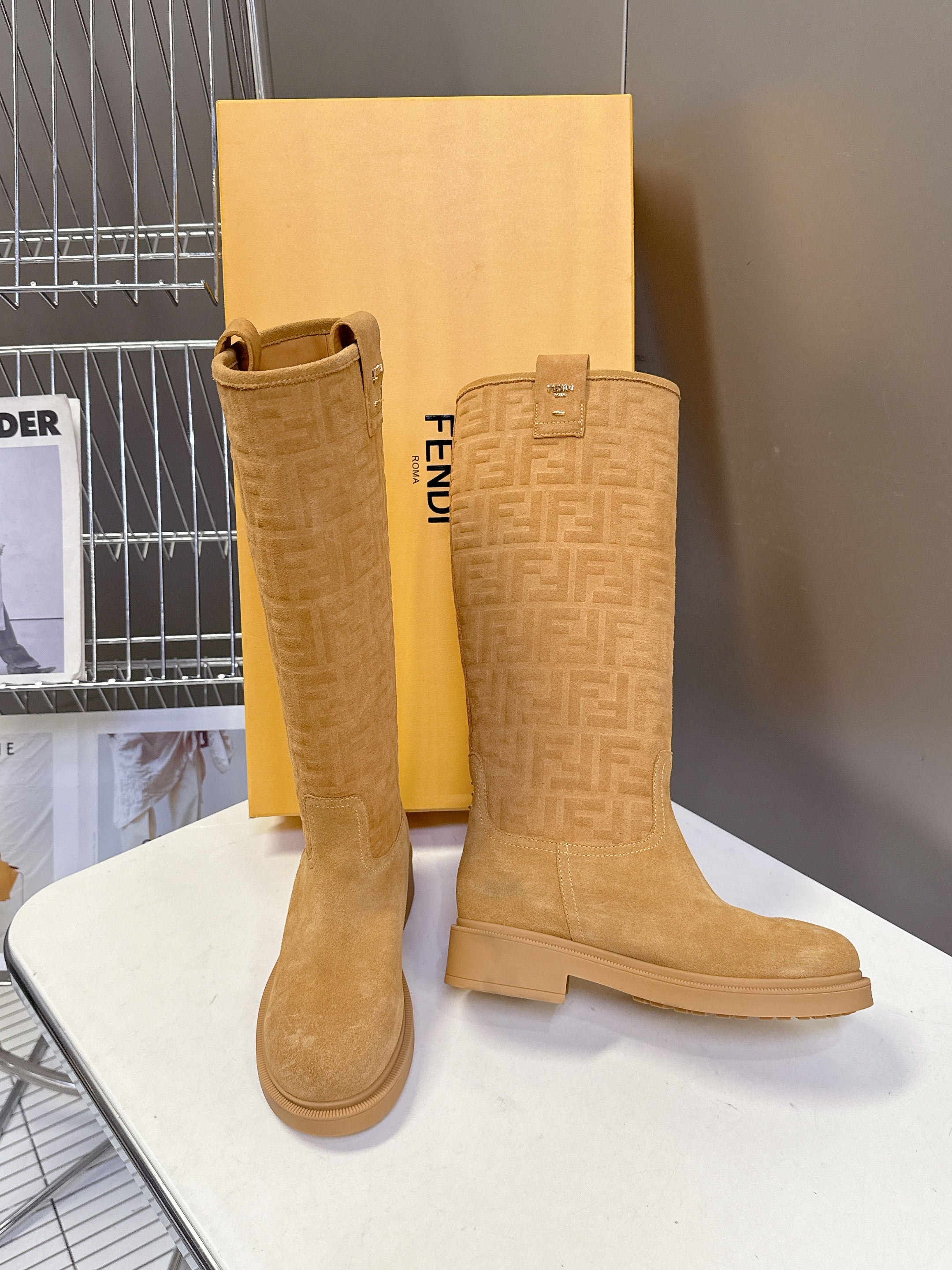 FENDI 25S HIGH-CUT BOOTS IN GOLDEN BROWN SUEDE