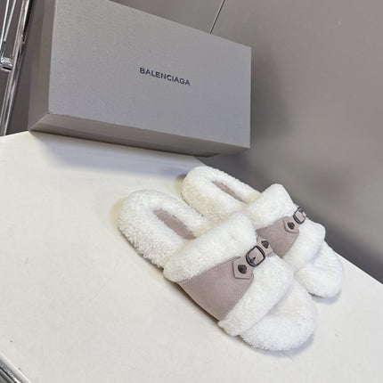 BALENCIAGA 25S SLIPPERS IN DUSTY PINK GRAY SUEDE AND WHITE WOOL