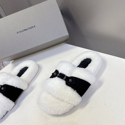 BALENCIAGA 25S SLIPPERS IN BLACK SUEDE AND WHITE WOOL