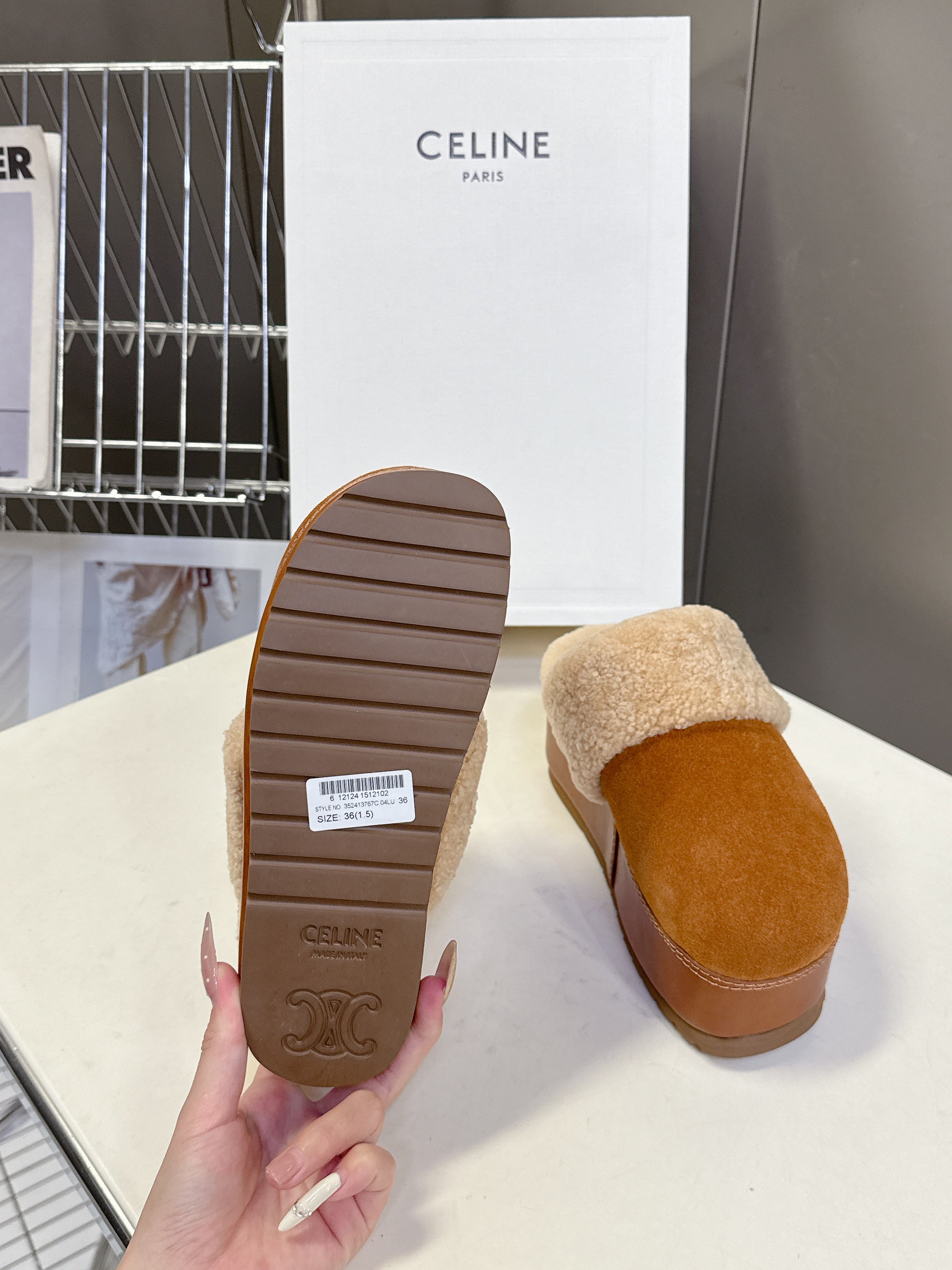 CELINE 26S WEDGE MULES IN ORANGE BROWN SUEDE AND BEIGE WOOL