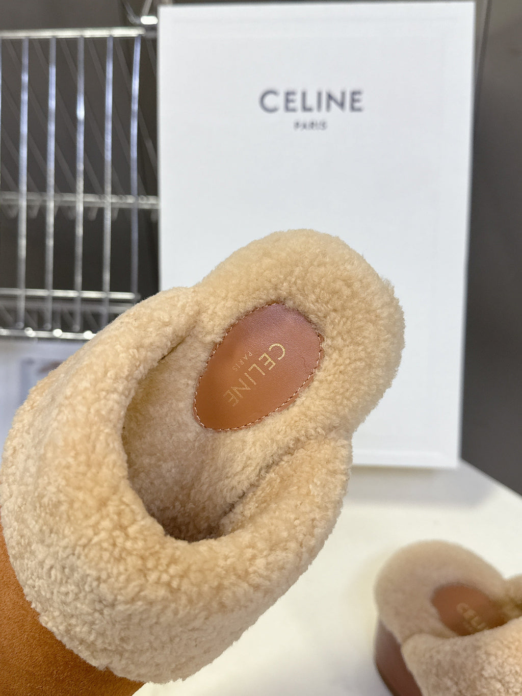 CELINE 26S WEDGE MULES IN ORANGE BROWN SUEDE AND BEIGE WOOL