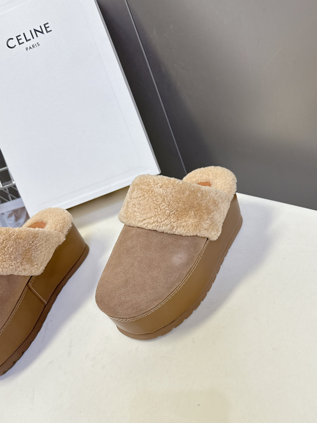 CELINE 26S WEDGE MULES IN SAND BEIGE SUEDE AND WOOL