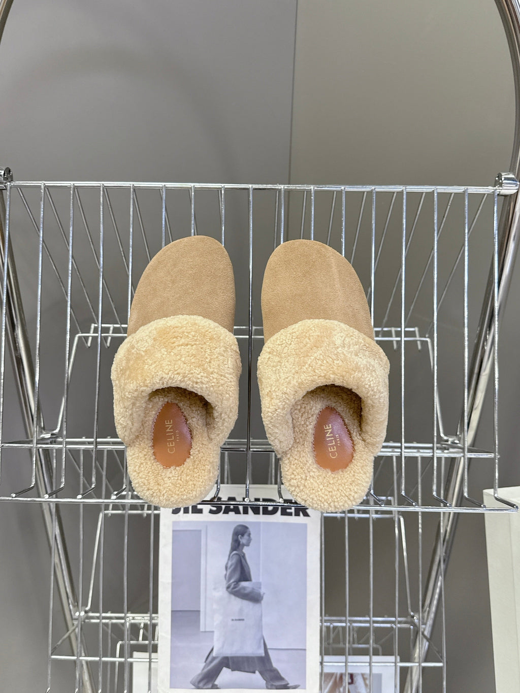 CELINE 26S WEDGE MULES IN SAND BEIGE SUEDE AND WOOL