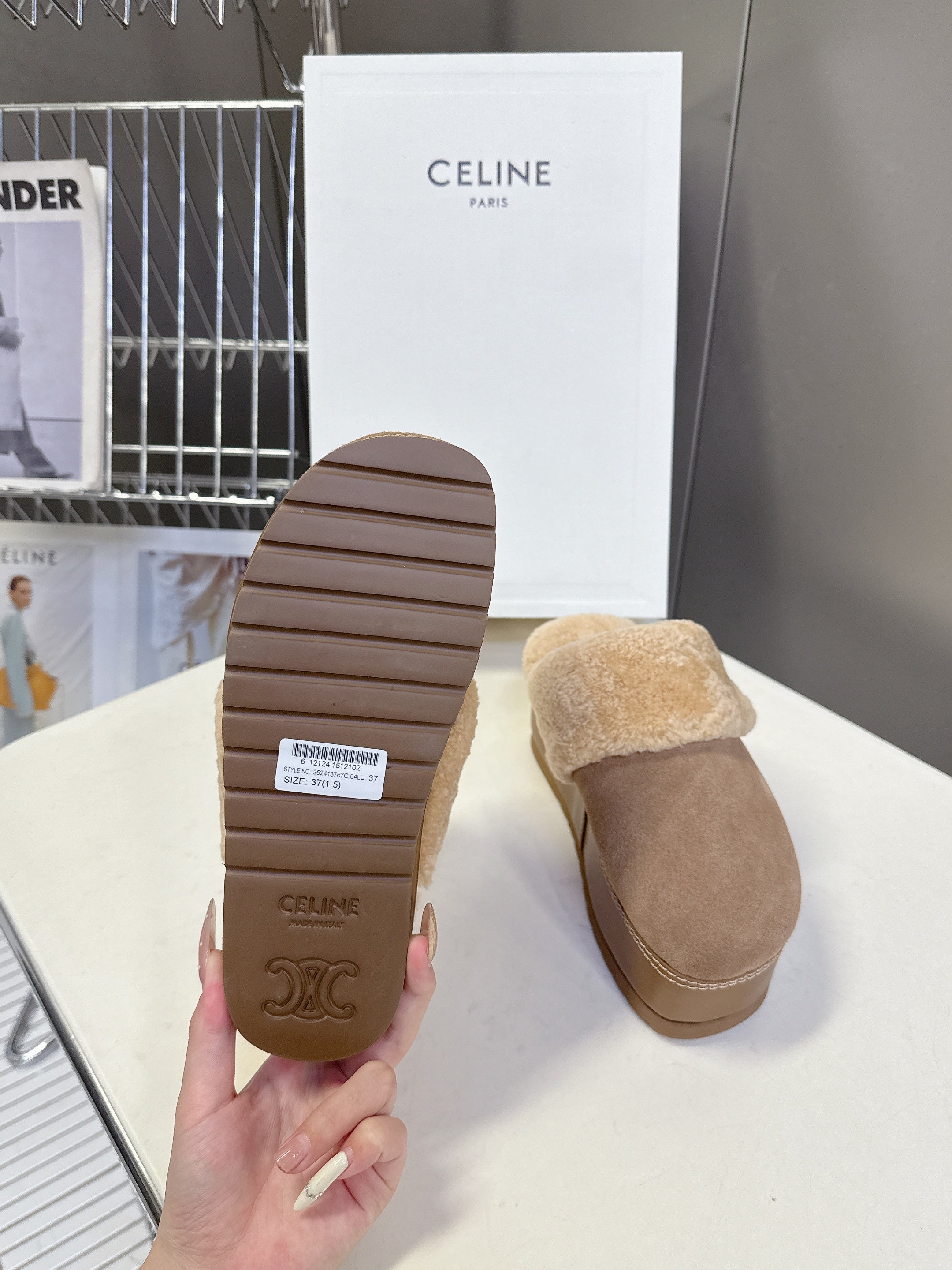 CELINE 26S WEDGE MULES IN SAND BEIGE SUEDE AND WOOL