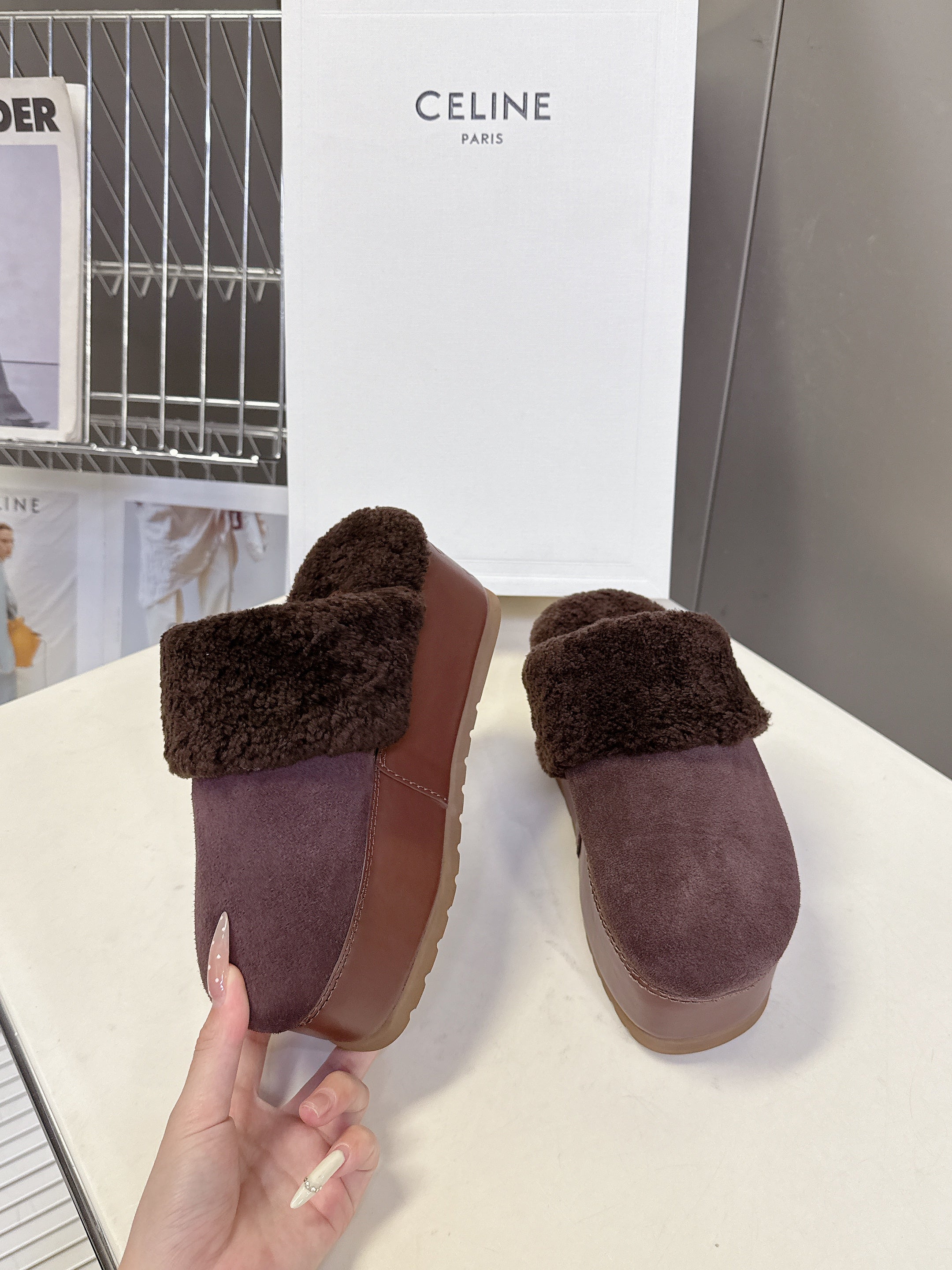 CELINE 26S WEDGE MULES IN PLUM BROWN SUEDE AND WOOL