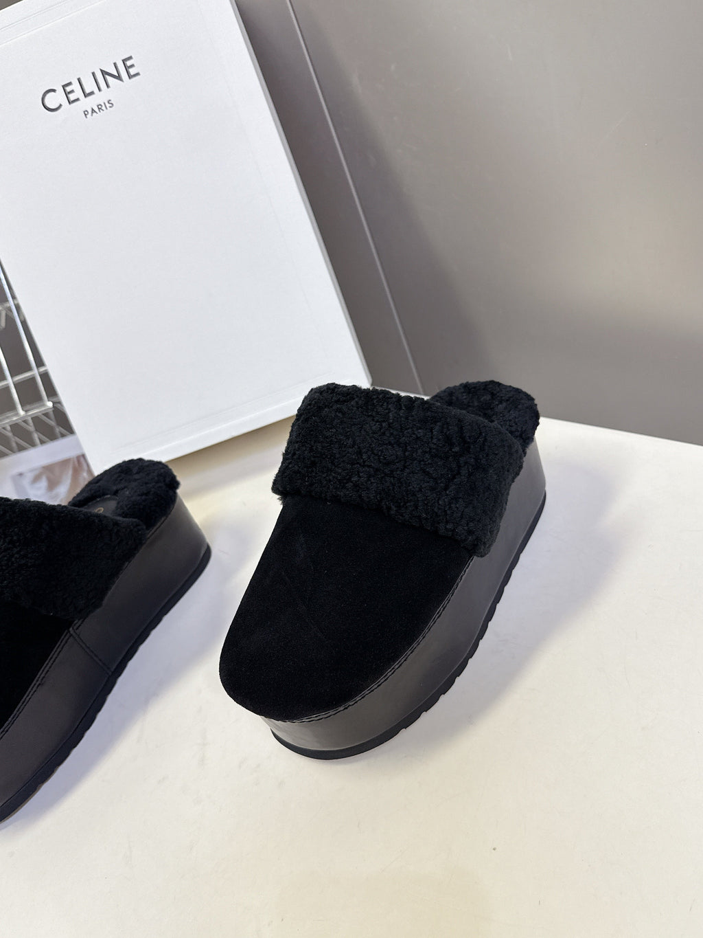 CELINE 26S WEDGE MULES IN BLACK SUEDE AND WOOL