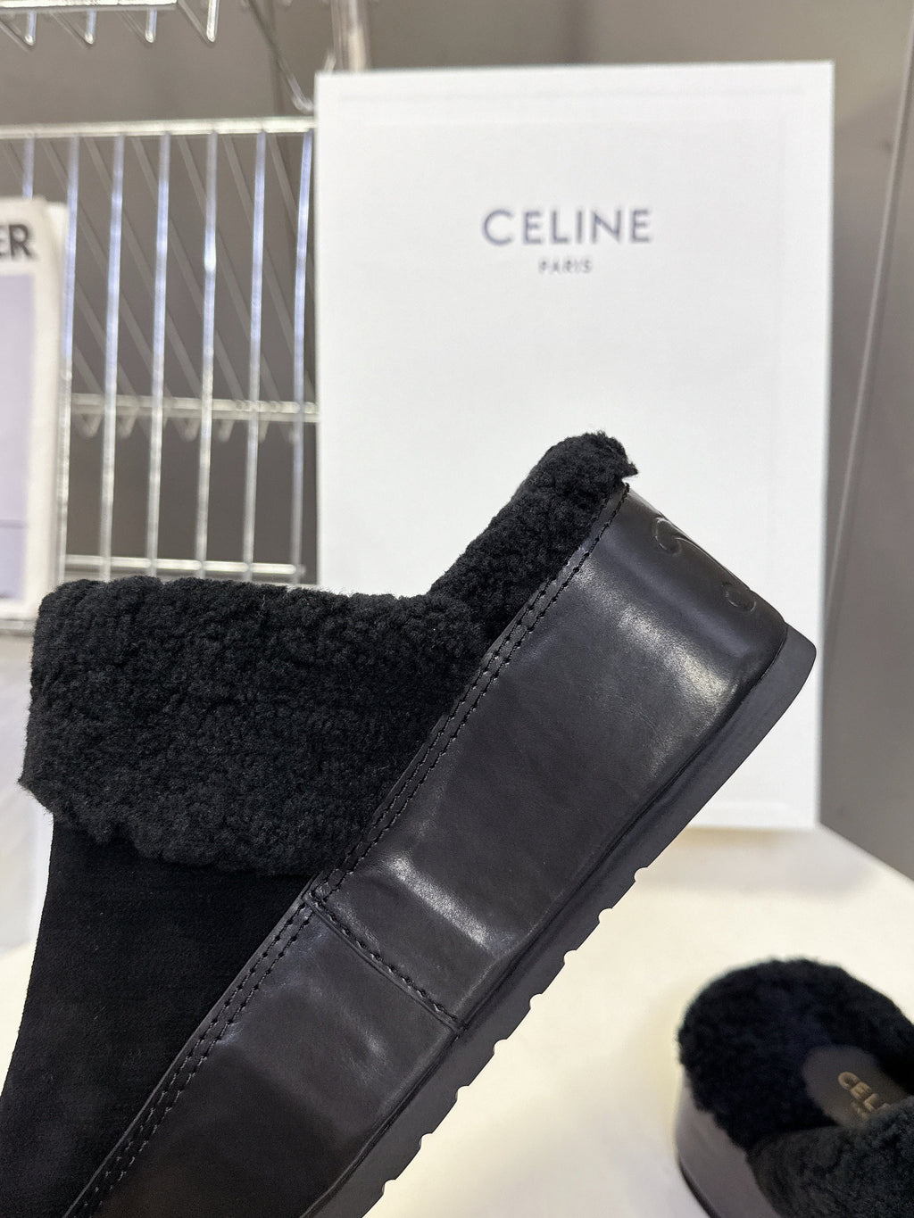 CELINE 26S WEDGE MULES IN BLACK SUEDE AND WOOL