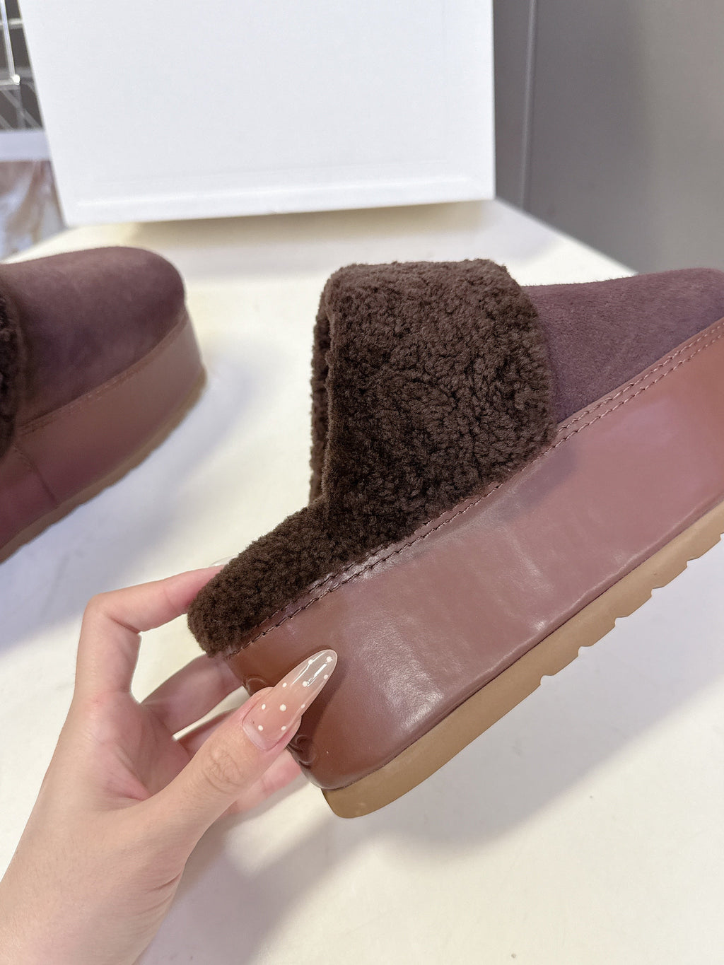 CELINE 26S WEDGE MULES IN PLUM BROWN SUEDE AND WOOL