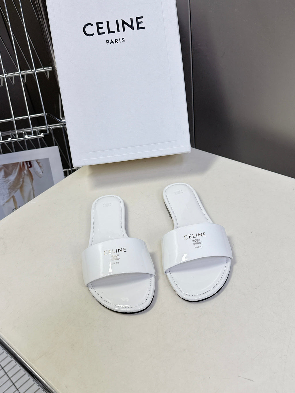 CELINE 26S FLAT SLIDES IN WHITE PATENT LAMBSKIN