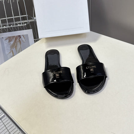 CELINE 26S FLAT SLIDES IN BLACK PATENT LAMBSKIN