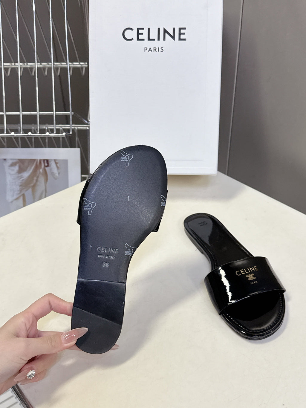 CELINE 26S FLAT SLIDES IN BLACK PATENT LAMBSKIN