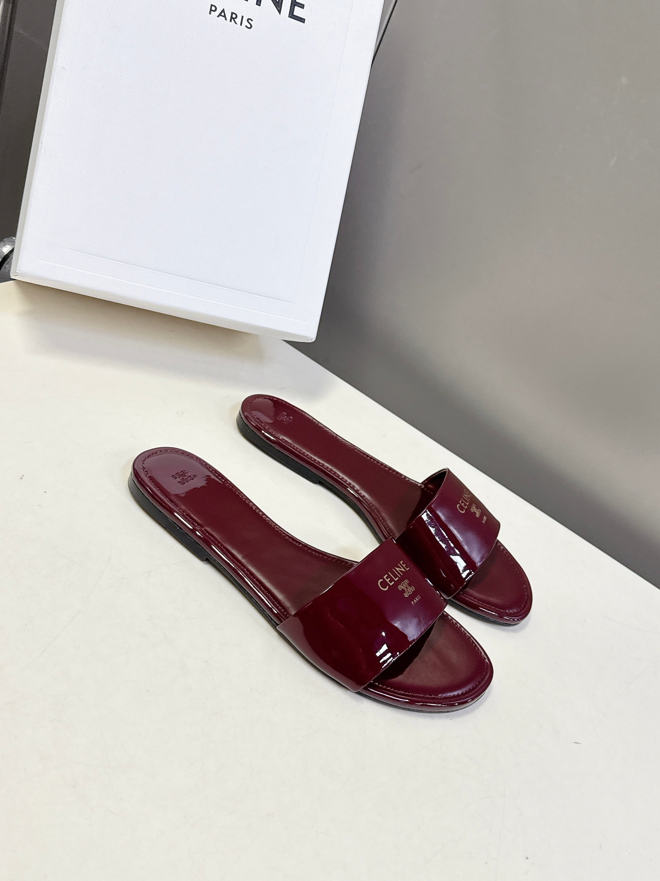 CELINE 26S FLAT SLIDES IN BURGUNDY RED PATENT LAMBSKIN