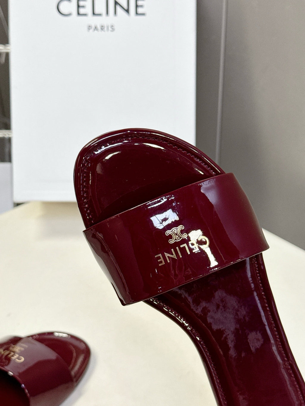 CELINE 26S FLAT SLIDES IN BURGUNDY RED PATENT LAMBSKIN