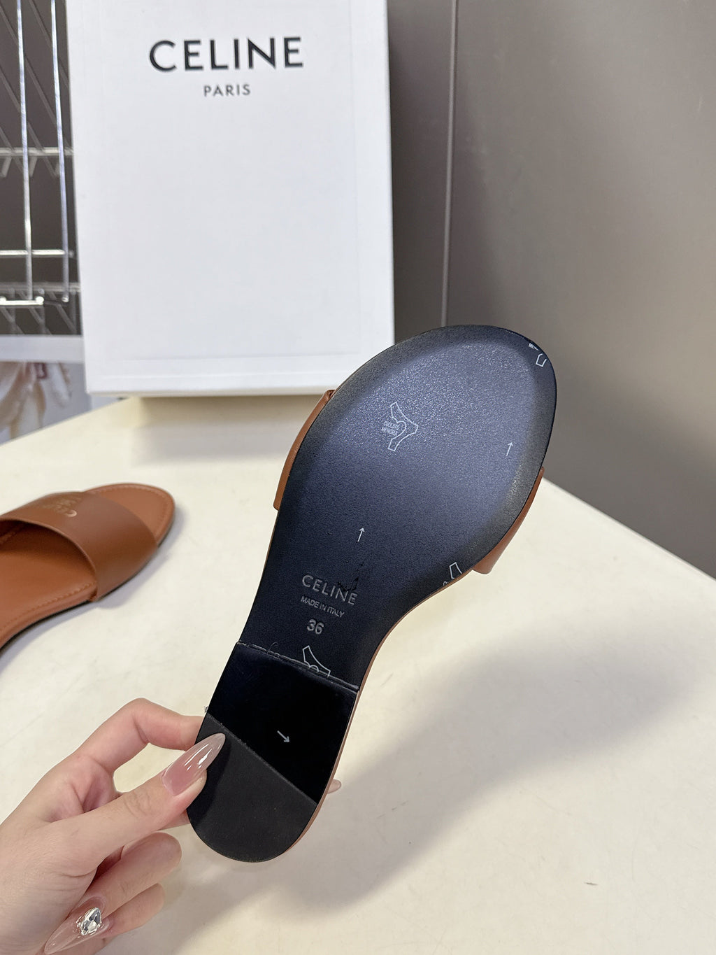 CELINE 26S FLAT SLIDES IN CARAMEL BROWN LAMBSKIN