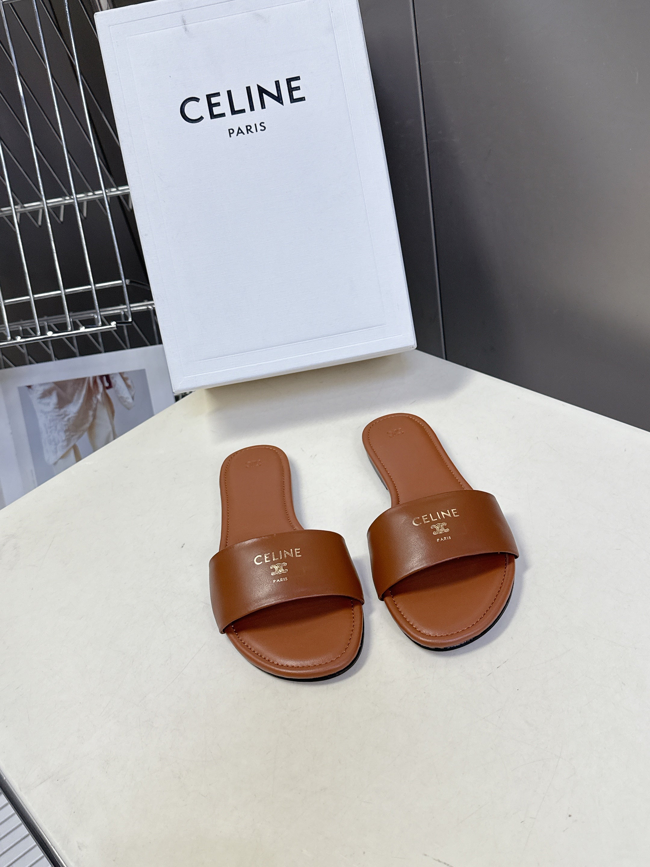 CELINE 26S FLAT SLIDES IN CARAMEL BROWN LAMBSKIN