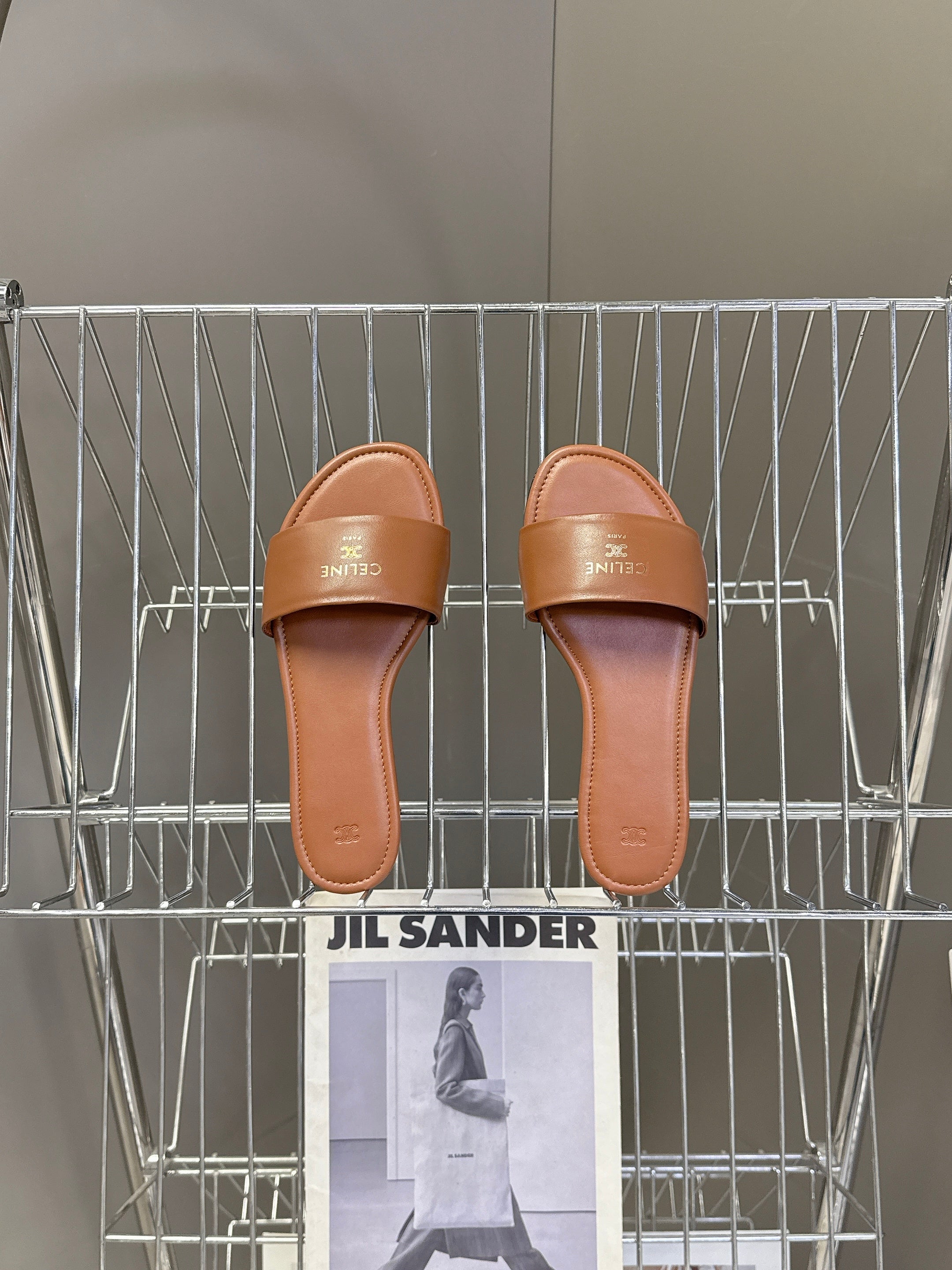 CELINE 26S FLAT SLIDES IN CARAMEL BROWN LAMBSKIN