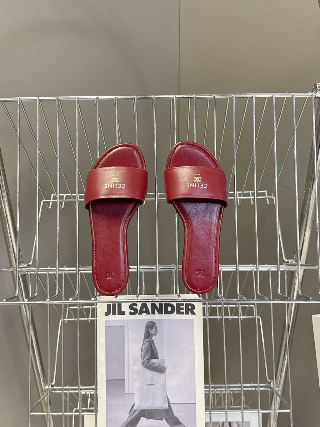 CELINE 26S FLAT SLIDES IN BURGUNDY RED LAMBSKIN