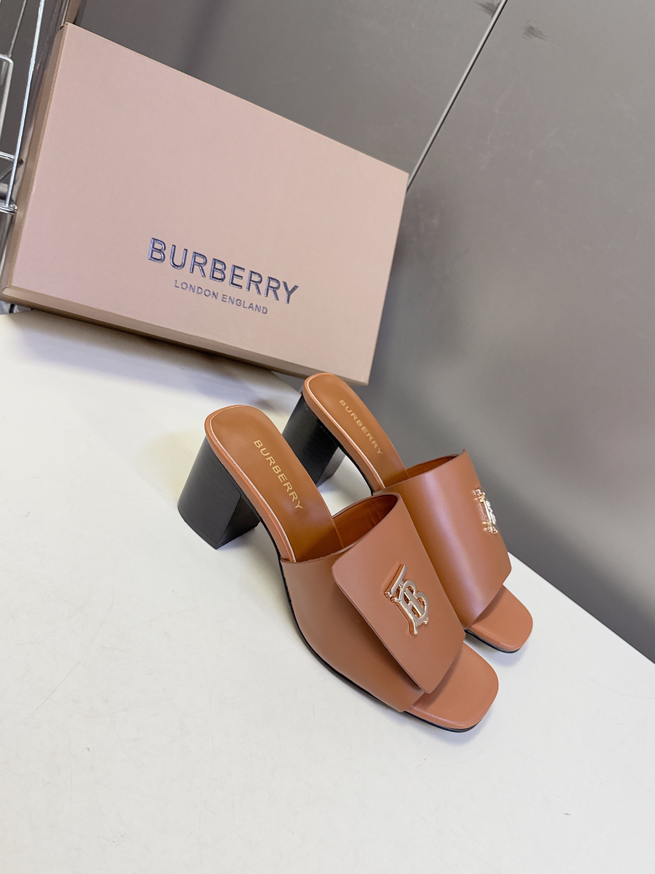 BURBERRY 26S HIGH HEEL MULE SANDALS 60MM IN CARAMEL BROWN CALFSKIN